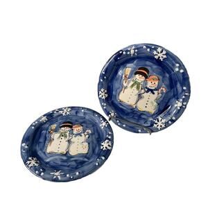 Set 2 Snow Couple Plates by Tabletops Unlimited 10.5” Hand Painted Snowmen EUC